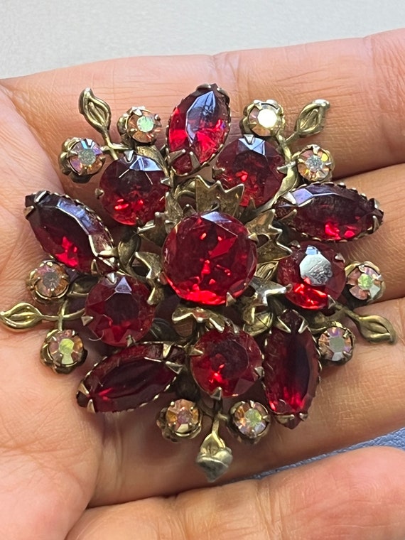 Vintage red/clear ab rhinestone brooch