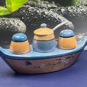 Vintage 1940s Japanese lusterware condiment boat set