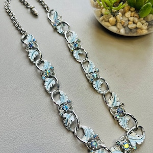 Vintage silver tone blue ab rhinestone necklace