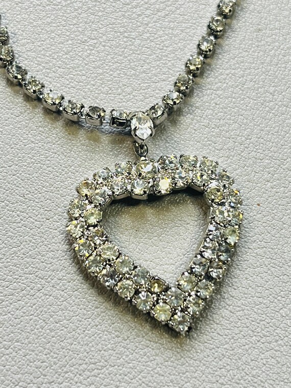 Vintage clear glass rhinestone open heart pendant nec… - Gem