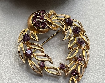 Broche Vintage Laiton Et Strass Violet - Tchécoslovaquie - Occasion - Bijou Rétro
