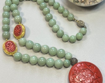 Vintage Jade bead necklace with carved cinnabar stations & pendant