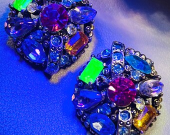 boucles d'oreilles clip vintage en verre d'uranium/multicolore