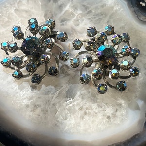 Vintage 1960s aurora borealis rhinestone clip on earrings