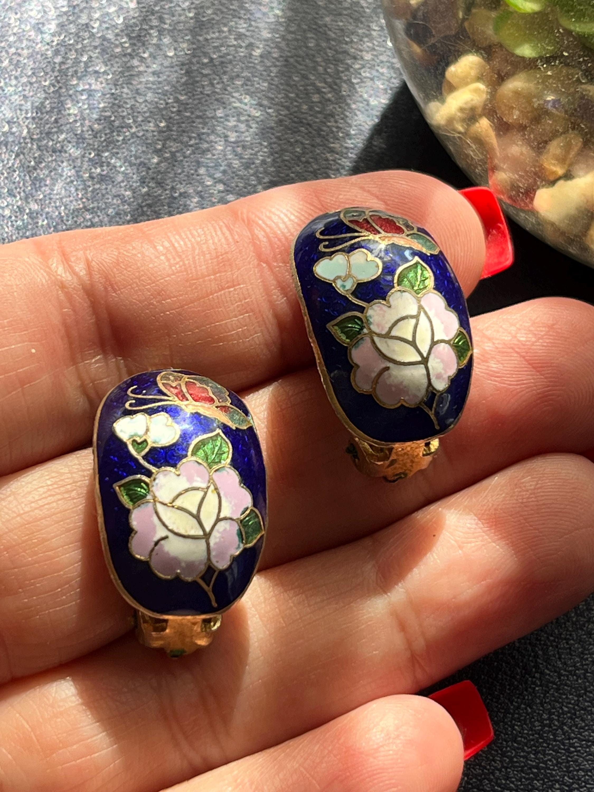 Cloisonne Hoop Earrings, Clip On, Vintage Jewelry, Wide  Vintage Cloisonne Earrings Women\'s Clip-on Round Purple Gold Red Green Classic main image 1