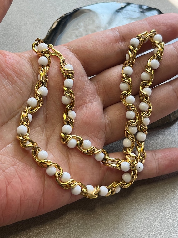 Vintage Gold tone milk glass bead necklace