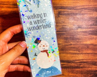 Winter Wonderland Snowman Holographic Laminated Bookmark, Cute and Cozy Illustrated Winter Snowflake Bookmark, Gifts for Book Lovers