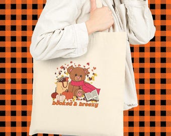Booked and Breezy Cute Bear Cotton Tote Bag, Eco-Friendly Bag, Gift for Book Lovers, Bookworm Tote, Book Shopping Tote, Library Tote