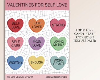 Self Love Positive Affirmations Candy Conversation Heart Matte Sticker Sheet, Bullet Journal BuJo Stickers