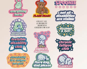 Invisible Disability Awareness 12 Sticker Pack, Chronic Illness, Spoonie, Chronically Ill, Chronic Fatigue, Disabled