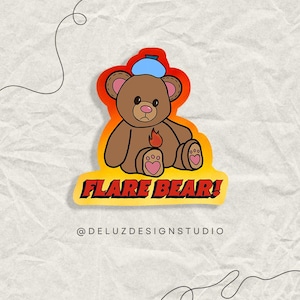 May include: A brown bear sticker with a blue ice pack on its head and a flame on its chest. The sticker has the words "FLARE BEAR!" in yellow and red. The bear is sitting down with pink hearts on its feet.
