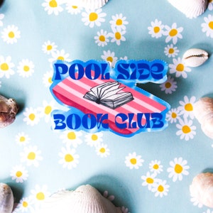 Boekenclubsticker aan het zwembad | Zomer leesachtige sticker | Open boek floatie sticker | Zwembadsticker | Kustesthetiek | Zomersticker