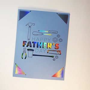 Feliz Tarjeta de Hombre de Herramientas del Día del Padre, Tarjeta de Herramientas del Día del Padre, Tarjeta de Felicitación del Día del Padre en blanco, Tarjeta Azul y Holográfica del Día del Padre
