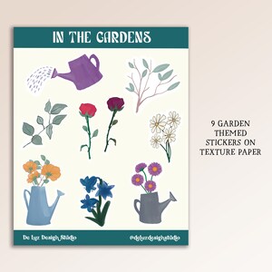 En los jardines Hoja de pegatina de flores y hojas / Hoja de pegatina con textura floral ilustrada