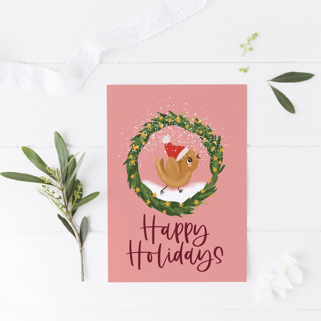 Baby Bird Christmas Greeting Card Woodland Animal and Botanical Wreaths ...