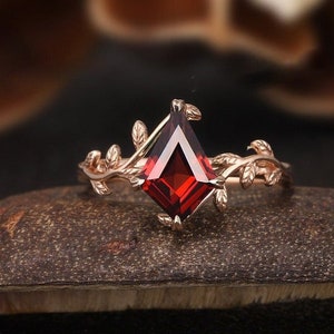 Unique Kite Shaped Red Garnet Engagement Wedding Ring, Inspired Leaf Ring, Promise Ring, Delicate Ring, Anniversary Gift, Gift For Her