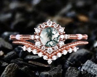 Vintage Moss Agate Engagement Ring Set Rose Gold Diamond Eternity Ring For Women Stacking Bridal Set Floral Halo Promise Anniversary Gift