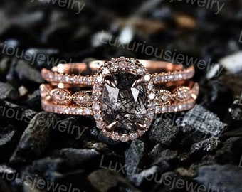 Oval-Cut Black Rutile Ring, Black Rutilated Quartz Ring Set, Wrap Guard Ring, Enhancer Ring, Diamond Ring, Promise Ring, Anniversary Ring