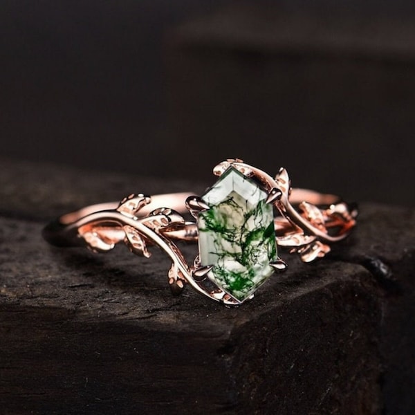 Long-Hexagon Cut Moss Agate Ring 925 Sterling Silver Ring Moss Agate Engagement Ring Branches Leaf Twig Nature Inspired Ring, Promise Ring