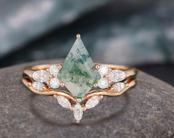 Skye Kite Green Moss Agate Ring- Sterling Silver Ring Set- Agate Engagement Ring- Promise Ring- Green Gemstone- Anniversary Gift For Her