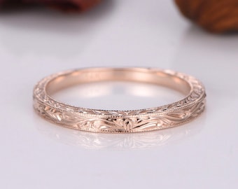Filigree Ring, Floral Engraving Band, Antique Wedding Band, Vintage Wedding Band, 14k Rose Gold Plated Band, Love Promise Band, Gift For Her