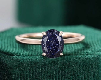 Oval blauer Sandstein Verlobungsring 14k Rosegold Galaxy Vintage einzigartiger Verlobungsring Handgemachter Ring für Frauen Nordischen Wikinger Schmuck