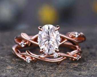 Twig Moissanite Engagement Ring Set,Oval Vintage Leaf Diamond Ring,Branch Ring Rose Gold,Twisted Ring Promise Bridal Set,Dainty Ring Set