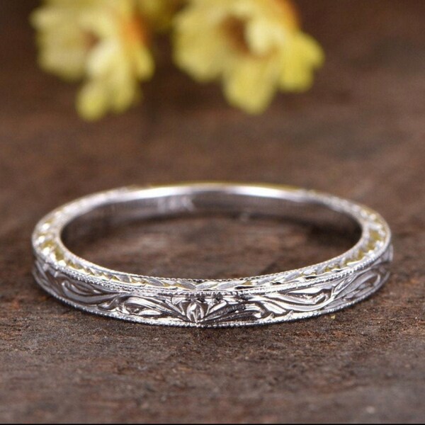 Antique Filigree Ring Floral Engraving Wedding Bands Vintage Wedding Band 14K White Gold Inspired Ring Matching Band Anniverary Ring Promise