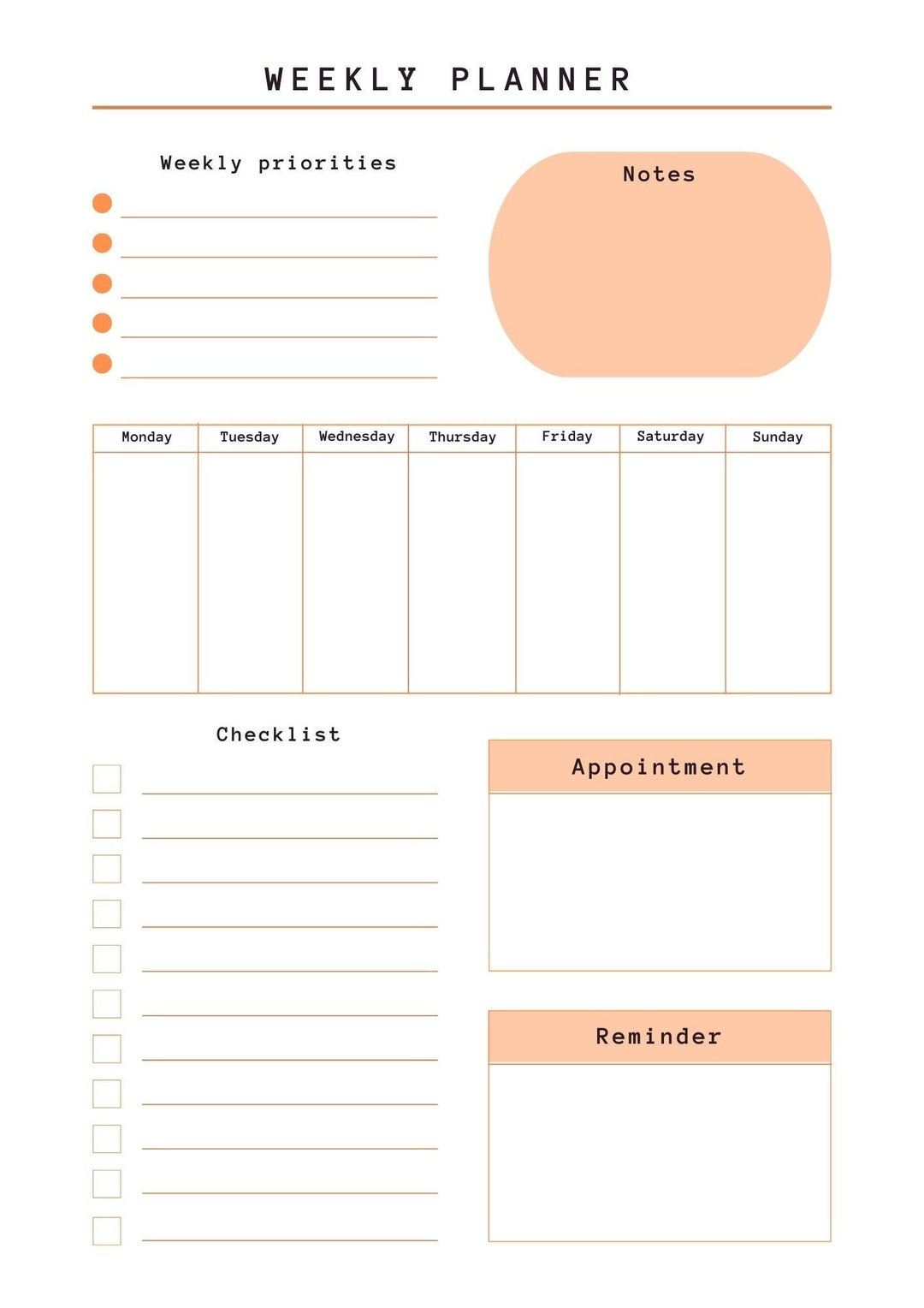 Minimalist Weekly Planner Printable PDF Digital Download - Etsy