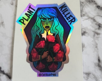 Holographic Goth Girl "Plant Killer" Coffin Sticker Easy Peel vinyl sticker