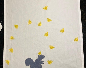 Squirrel and Bees Hand Printed Tea Towel