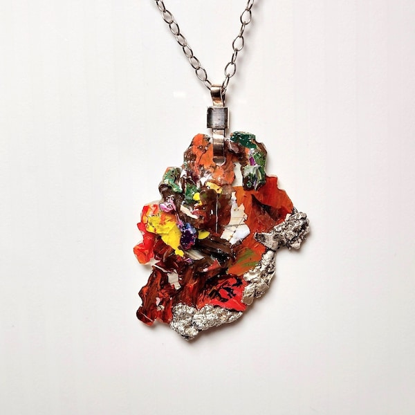 SALE10% OFF! Fine Silver and Epoxy Resin colorful Necklace Pendant in Earth tones, one of a kind, unique Design .999 PMC3 -"AUSTRALIA"