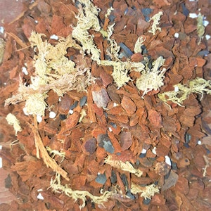 May include: Close-up of a mixture of brown bark chips, white moss, and black charcoal pieces. This is a soil mix for plants.