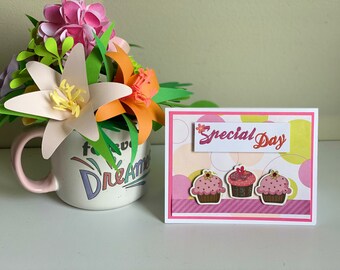 Handmade Birthday Cards: 3D Cupcake Design, Blank Inside (Set of 4)