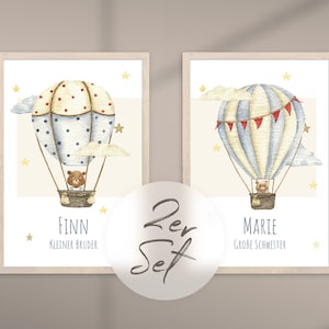 Personalisierte Wandbilder für Geschwister, 2er Set Poster, Kinderzimmer Druck, Teddybär Dekor, Geschenk zur Geburt oder Taufe | Bären 03