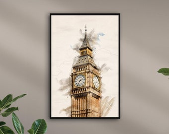 Londres Big Ben « AQUARELLES » personnalisé avec le nom | Illustration de villes bien connues