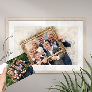 May include: A watercolor painting of a family of seven posing with a large ornate gold frame. The painting is in a white frame and is hanging on a wall.