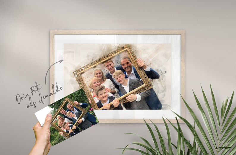 May include: A watercolor painting of a family of seven posing with a large ornate gold frame. The painting is in a white frame and is hanging on a wall.