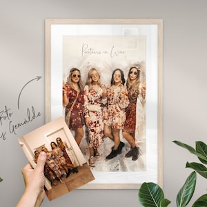 May include: A framed painting of five friends wearing floral dresses and sunglasses. The text "Partners in Wine" is written at the top of the painting.