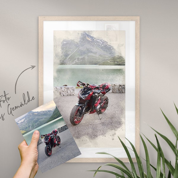 Geschenk für Männer mit Motorrad | Portrait personalisiert mit Namen | Gemälde vom Foto | Poster, Leinwand, Digital | Geburtstag | Vatertag
