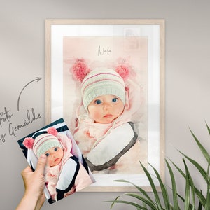 Retrato de bebé personalizado con nombre | Pintura a partir de foto | Póster, Lienzo, Digital | Regalo, Cumpleaños, Navidad | AQUARELLS