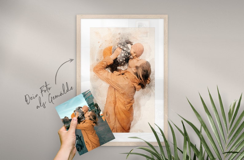 May include: A watercolor painting of a mother and child. The mother is holding the child in her arms and they are both looking at each other. The painting is in a light brown frame.
