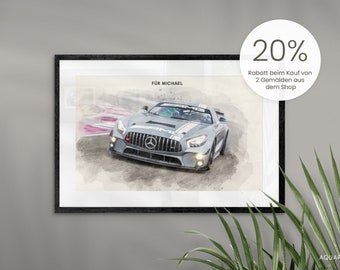 Toile d’affiche personnalisée Mercedes GT pour les amateurs de voitures | Imprimer des œuvres d’art | Idée cadeau pour hommes et fans de courses | Noël