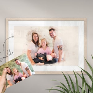 May include: A watercolor painting of a family of four. The parents are holding a baby and a young girl is sitting on the father's lap. The painting is in a white frame.
