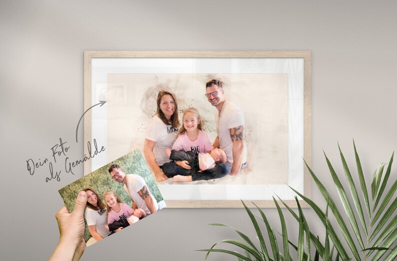 May include: A watercolor painting of a family of four. The parents are holding a baby and a young girl is sitting on the father's lap. The painting is in a white frame.