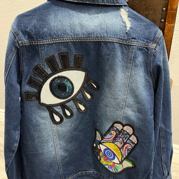 Reworked Custom Sequin Hamza, Evil Eye  Patched Jacket, Distressed Denim Jacket Custom By Mommyandme