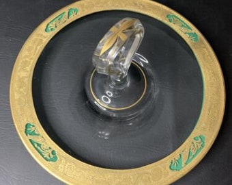 Vintage Glass Serving Cookie Tidbit Tray Center Handle Gold/Green Peacock Trim