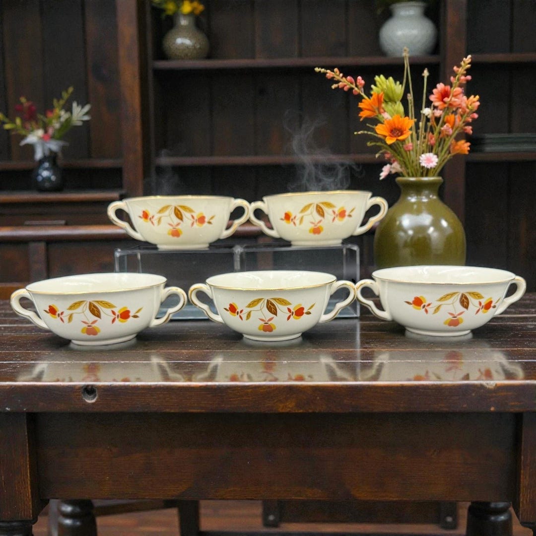 Vintage Hall China Autumn Leaf Cream Soup Bowls Double Handled ...