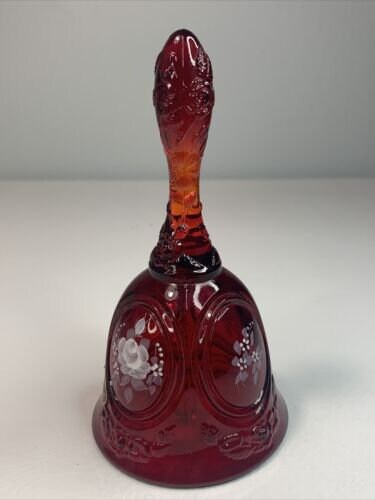 Authentic Vintage 1981 Fenton Red Glass Bell Hand painted & Signed F. Hubbard