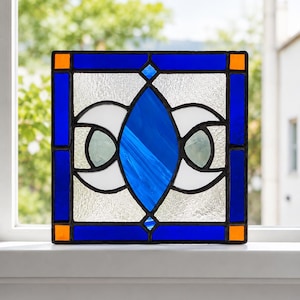 Handmade Stained Glass Panel: Eclipse of Rebirth| Blue Celestial Window Suncatcher|Spiritual Wall Decor